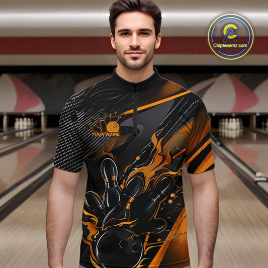 Custom Black And Yellow Flame Bowling Team Men Quarter-Zip Shirts, Fire Bowling Jerseys IPHW9781