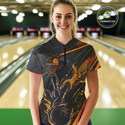 Custom Black And Yellow Flame Bowling Team Women Quarter-Zip Shirts, Fire Bowling Jerseys IPHW9781