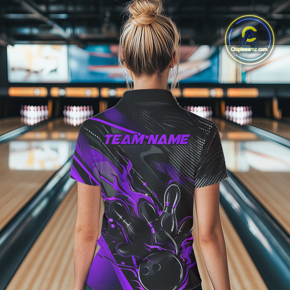 Custom Black And Purple Flame Bowling Team Women Polo Shirts, Fire Bowling Jerseys IPHW9782