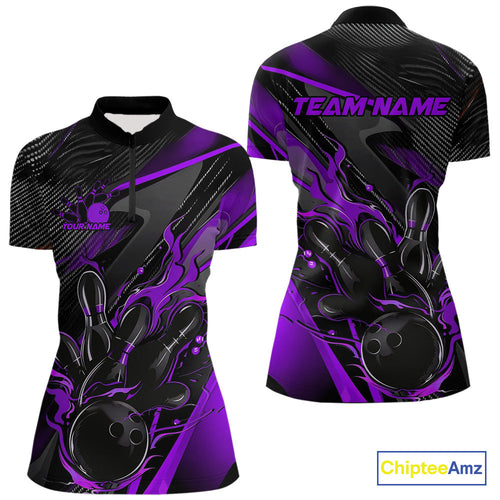 Custom Black And Purple Flame Bowling Team Women Quarter-Zip Shirts, Fire Bowling Jerseys IPHW9782