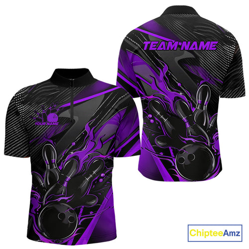 Custom Black And Purple Flame Bowling Team Men Quarter-Zip Shirts, Fire Bowling Jerseys IPHW9782