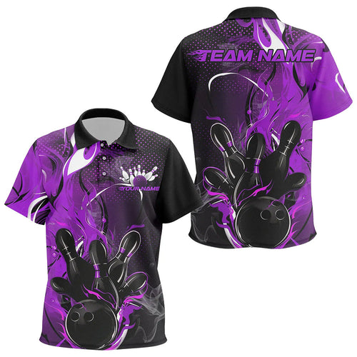 Black And Purple Custom Flame Bowling Polo Shirts For Kid, Fire Bowling Team Shirt IPHW8238