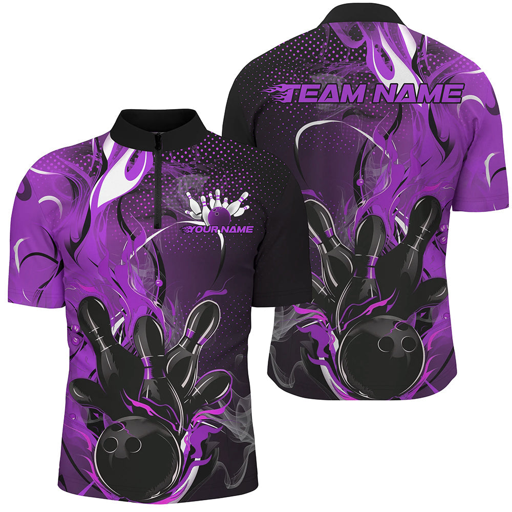 Black And Purple Custom Flame Bowling Quarter-Zip Shirts For Men, Fire Bowling Team Shirt IPHW8238