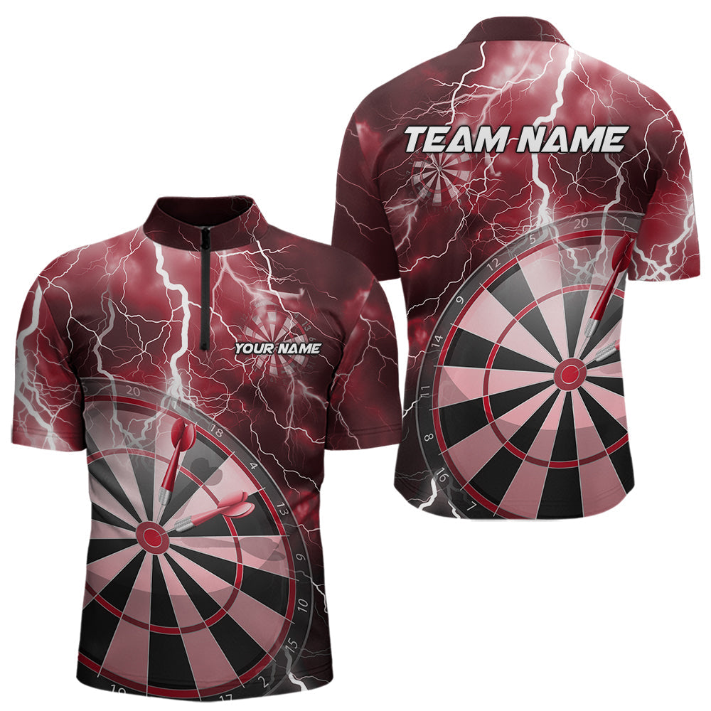 Custom Red Thunder Lightning Dartboard Dart Quarter-Zip Shirts For Men, Dart Tournament Team Shirt IPHW8489