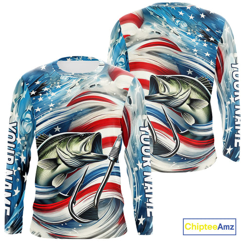 Custom Patriotic Amercian Flag Largemouth Bass Long Sleeve Tournament Fishing Shirts IPHW9210