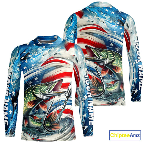 Custom Patriotic Amercian Flag Pike Kid Long Sleeve Tournament Fishing Shirts IPHW9211