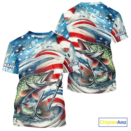Custom Patriotic Amercian Flag Pike Tournament Fishing T-Shirts IPHW9211