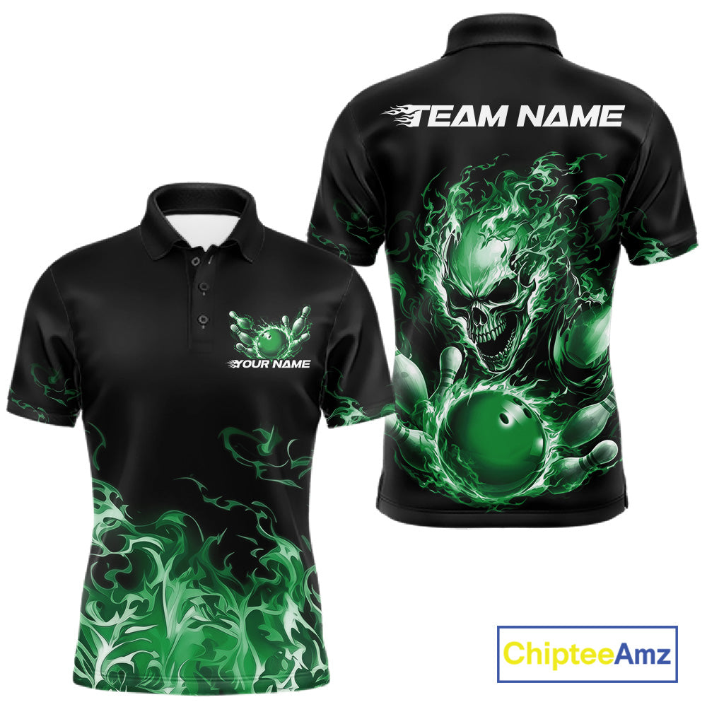 Front and back views of a black bowling polo with green flame graphics, a skull holding a green bowling ball, and customizable name and team text.