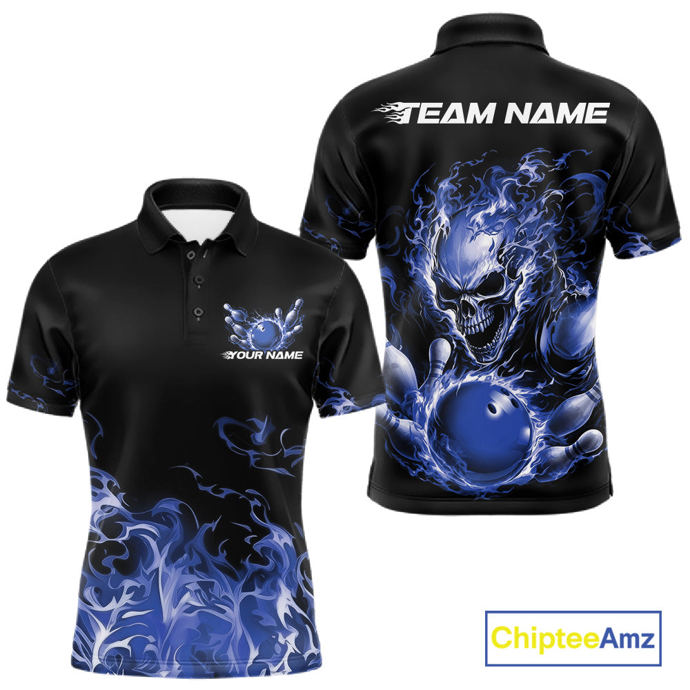 Front and back views of a black bowling polo with mid blue flame graphics, a skull holding a mid blue bowling ball, and customizable name and team text.
