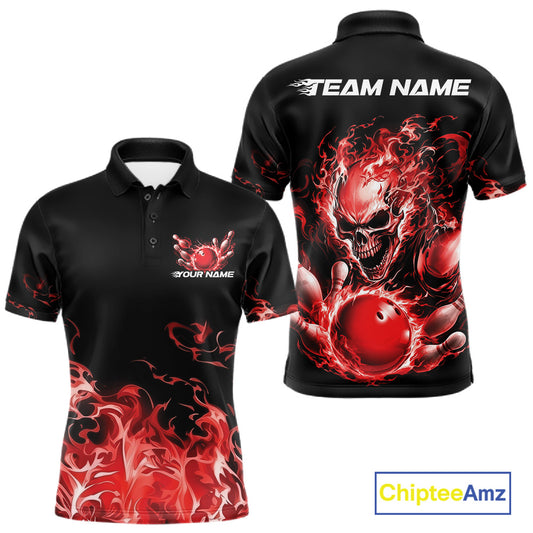 Front and back views of a black bowling polo with red flame graphics, a skull holding a red bowling ball, and customizable name and team text.