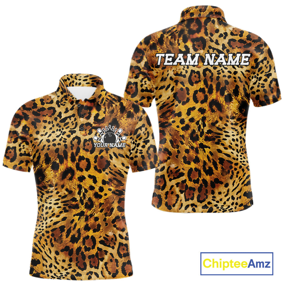 Front and back views of a yellow, brown, and black leopard-print bowling shirt with customizable “Your Name” and “Team Name” text.