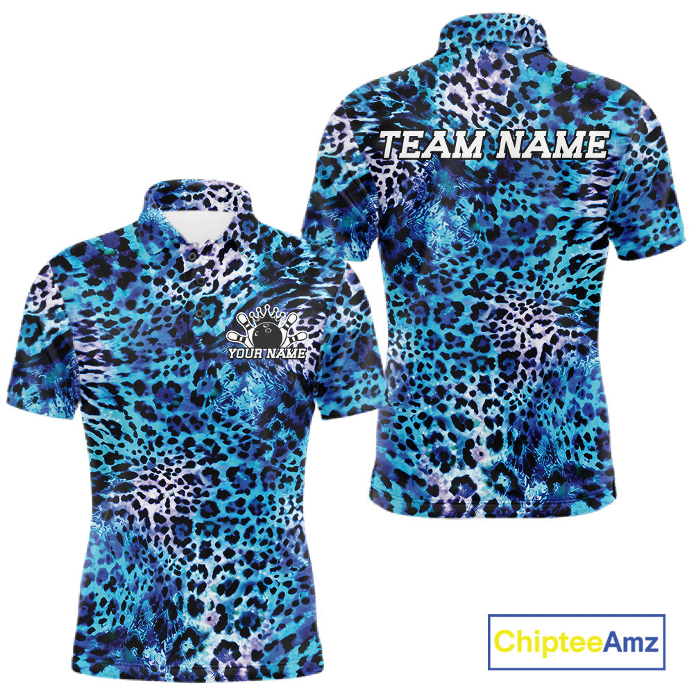 Front and back views of a blue, teal, and black leopard-print bowling shirt with customizable “Your Name” and “Team Name” text.