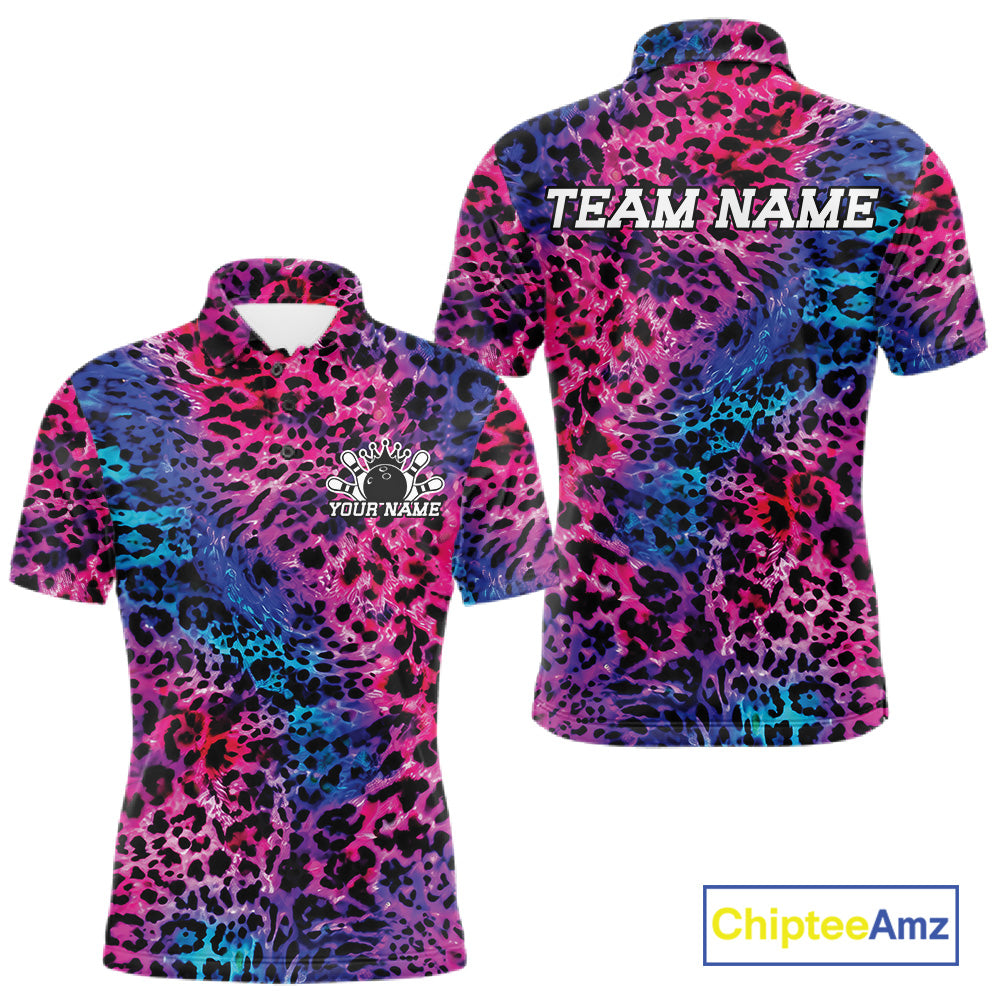 Front and back views of a blue, pink, purple, and black leopard-print bowling shirt with customizable “Your Name” and “Team Name” text.
