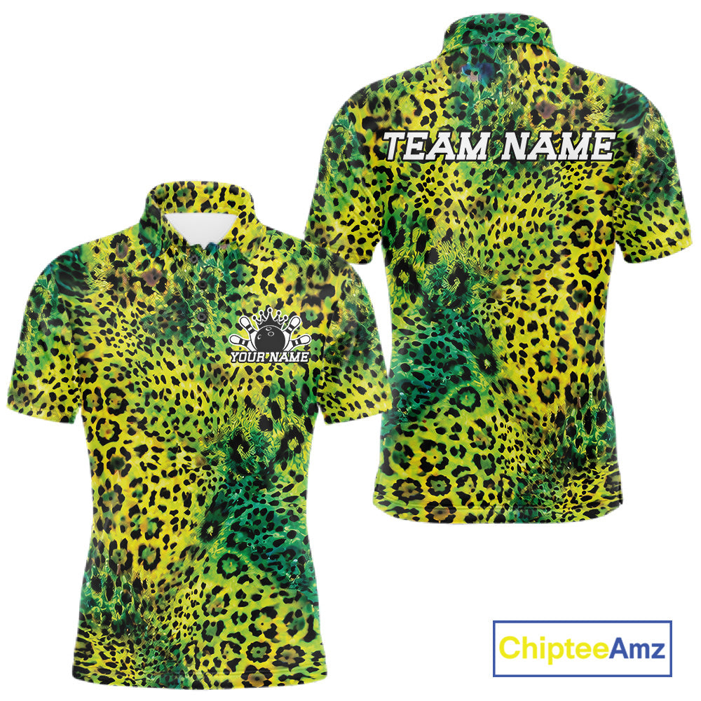 Front and back views of a green, yellow, and black leopard-print bowling shirt with customizable “Your Name” and “Team Name” text.