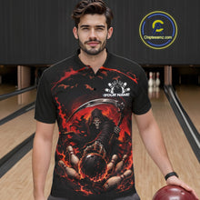 Load image into Gallery viewer, Front view of a male model wearing a black and red bowling polo shirt featuring a grim reaper commanding a blazing bowling ball crashing through scattered pins amid swirling flames in a bowling lane.