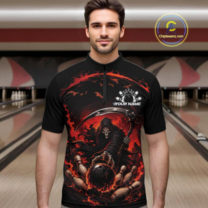 Front view of a male model wearing a black and red bowling quarter zip shirt featuring a grim reaper commanding a blazing bowling ball crashing through scattered pins amid swirling flames in a bowling lane.