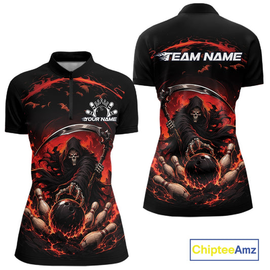 Front and back view of a women's bowling quarter zip mockup featuring a grim reaper reaching through swirling flames to command a blazing bowling ball crashing into scattered pins on a black and red shirt.