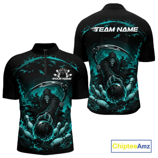 Front and back view of a men's bowling quarter zip shirt mockup showcasing a grim reaper reaching through swirling flames to command a blazing bowling ball crashing into scattered pins on a black and cyan blue shirt.