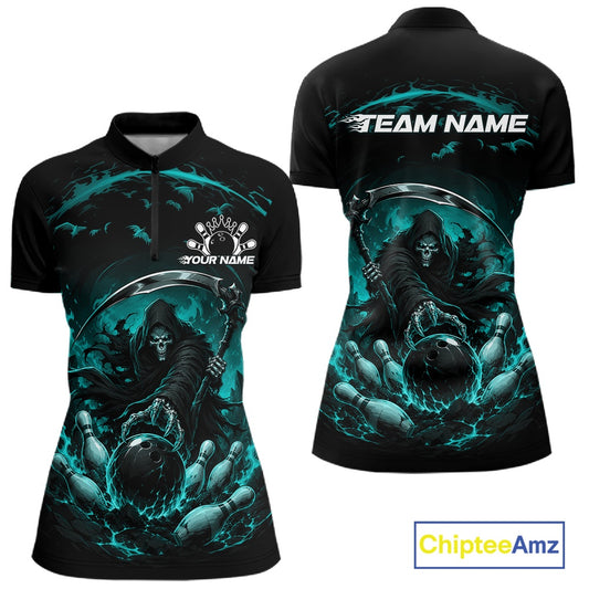 Front and back view of a women's bowling quarter zip mockup featuring a grim reaper commanding a blazing bowling ball crashing into scattered pins through swirling flames on a black and cyan blue shirt.