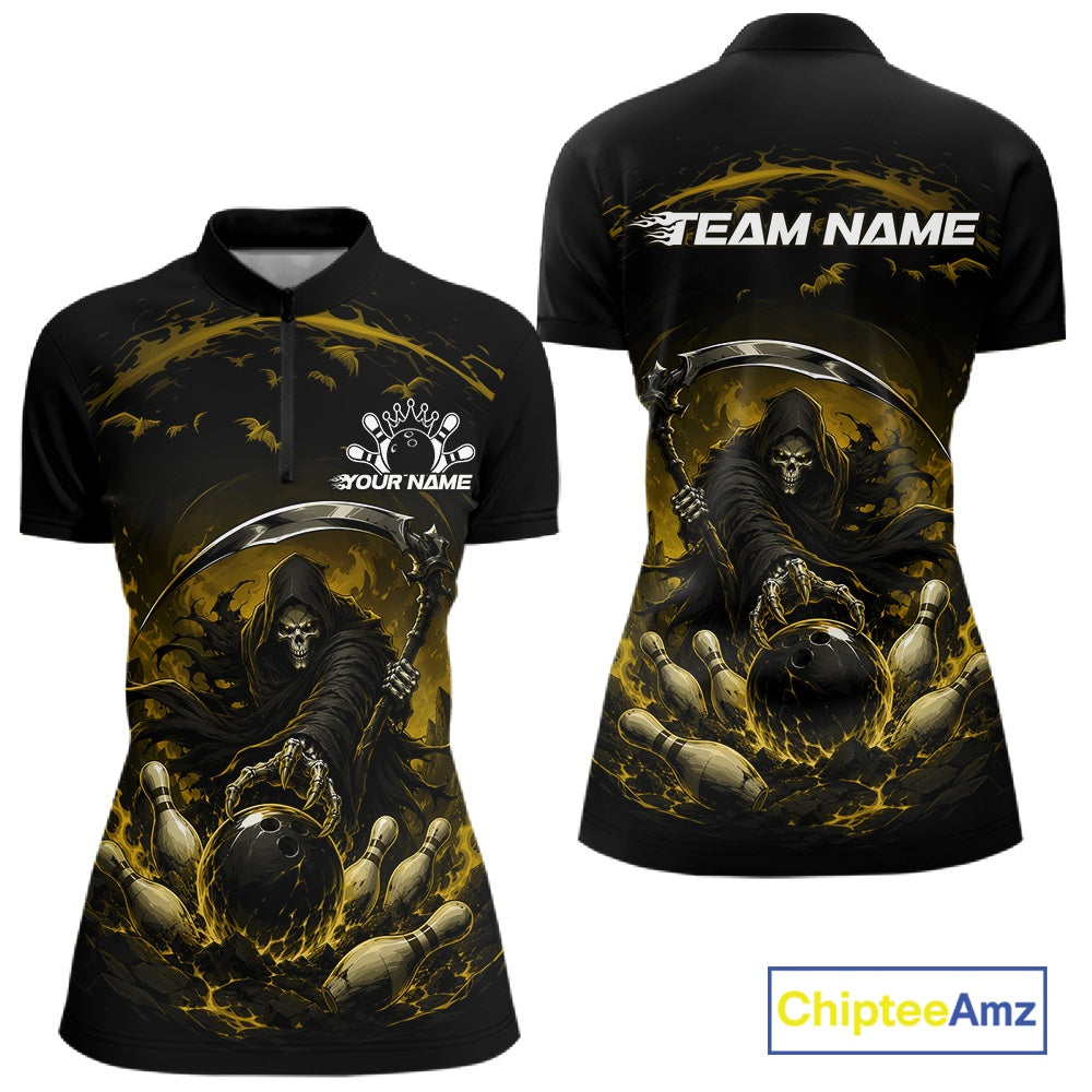 Front and back view of a women's bowling quarter zip mockup featuring a grim reaper commanding a blazing bowling ball crashing through scattered pins amid swirling flames on a black and yellow shirt.