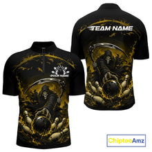 Load image into Gallery viewer, Front and back view of a men's bowling quarter zip shirt mockup featuring a grim reaper reaching through swirling flames to command a blazing bowling ball crashing into scattered pins on a black and yellow shirt.