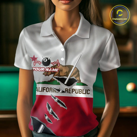 Custom California State Flag Silver Billiard Cue Patriotic Billiard 8 Ball Shirts For Women IPHW10586