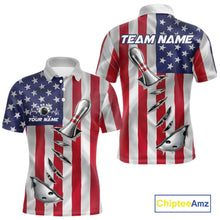 Load image into Gallery viewer, Custom US Flag Silver Bowling Ball And Pin Patriotic Bowling Shirts For Men Team Jerseys IPHW10588