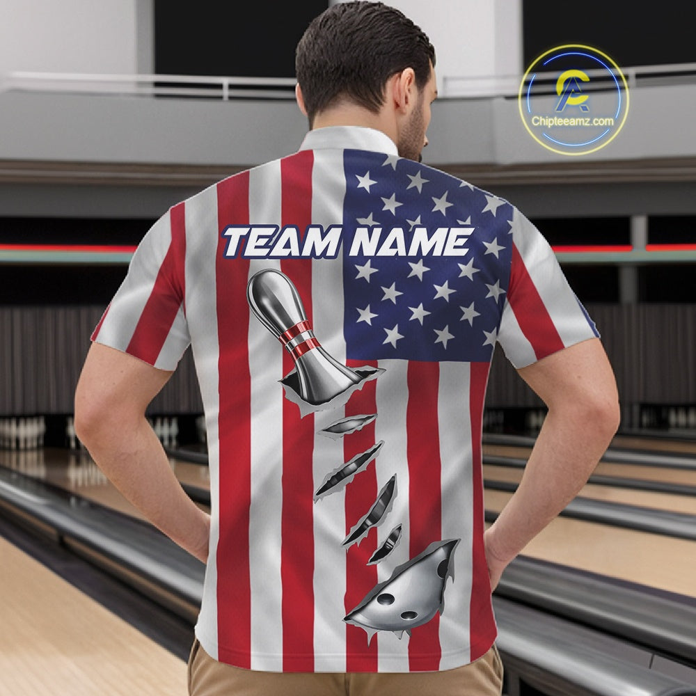 Custom US Flag Silver Bowling Ball And Pin Patriotic Bowling Shirts For Men Team Jerseys IPHW10588