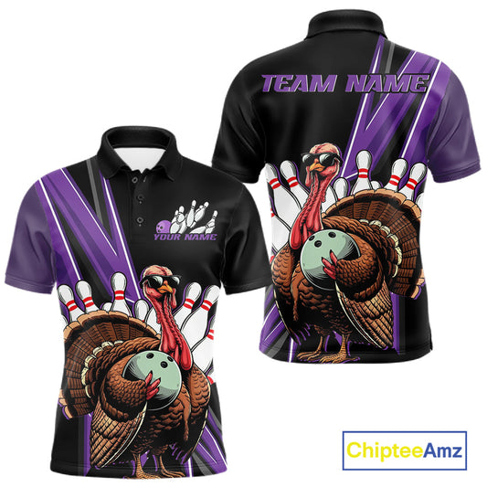 Black And Purple Custom Funny Turkey Bowling Men Shirts, Bowling League Team Shirt IPHW10802