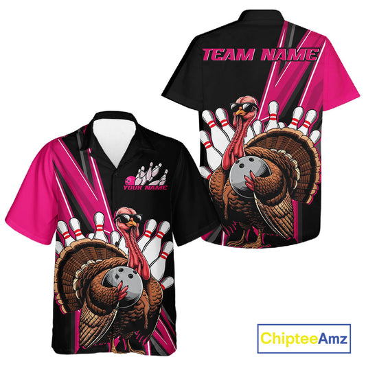 Black And Pink Custom Funny Turkey Bowling Men And Women Shirts, Bowling League Team Shirt IPHW10803