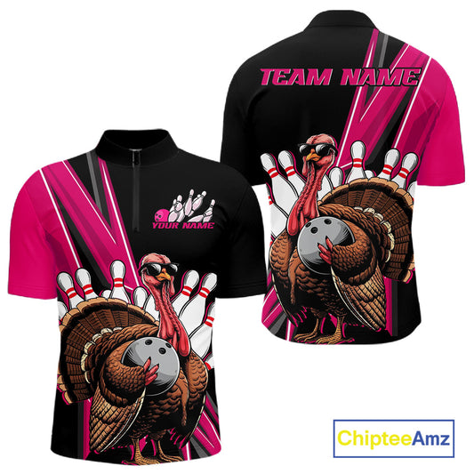 Black And Pink Custom Funny Turkey Bowling Men Shirts, Bowling League Team Shirt IPHW10803