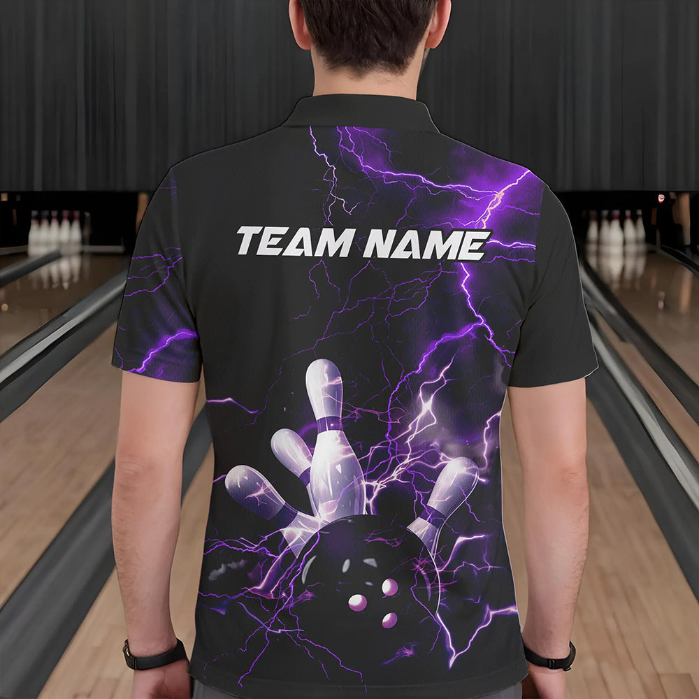Custom Black And Purple Thunder Lightning Bowling Tournament Polo Shirts For Men IPHW8520