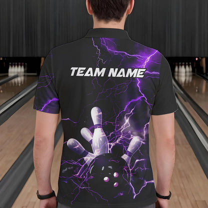 Custom Black And Purple Thunder Lightning Bowling Tournament Polo Shirts For Men IPHW8520
