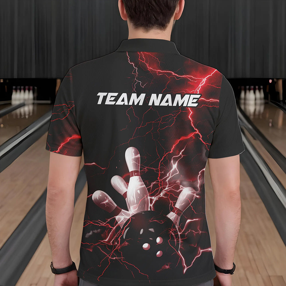 Custom Black And Red Thunder Lightning Bowling Tournament Polo Shirts For Men IPHW8521