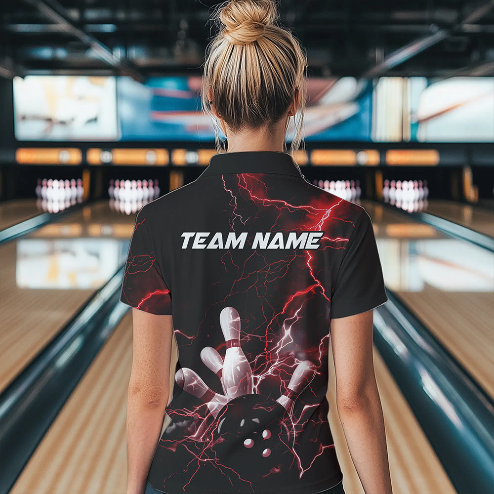 Custom Black And Red Thunder Lightning Bowling Tournament Quarter-Zip Shirts For Women IPHW8521