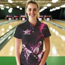 Load image into Gallery viewer, Custom Black And Pink Thunder Lightning Bowling Tournament Polo Shirts For Women IPHW8523
