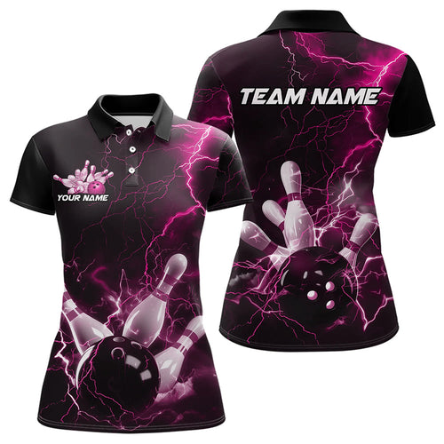 Custom Black And Pink Thunder Lightning Bowling Tournament Polo Shirts For Women IPHW8523