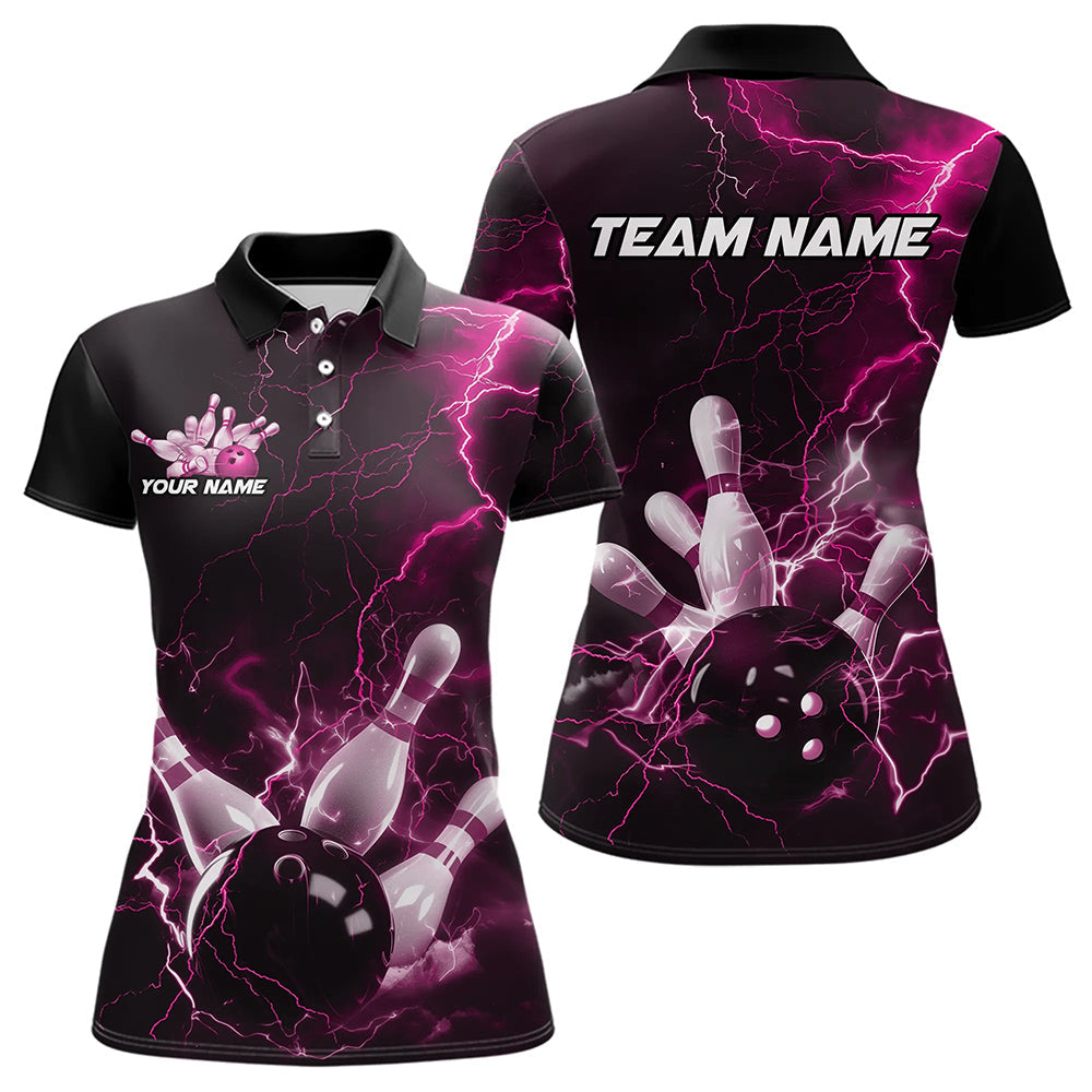 Custom Black And Pink Thunder Lightning Bowling Tournament Polo Shirts For Women IPHW8523