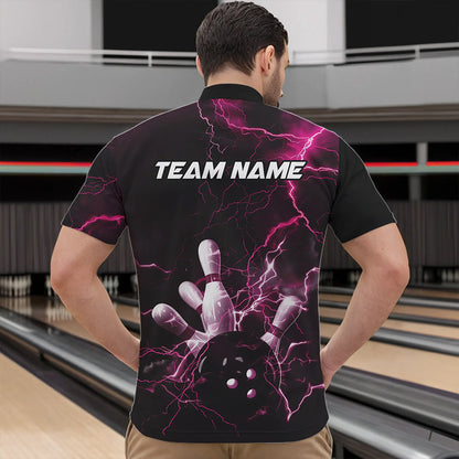 Custom Black And Pink Thunder Lightning Bowling Tournament Quarter-Zip Shirts For Men IPHW8523