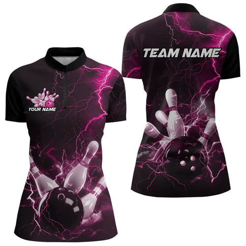 Custom Black And Pink Thunder Lightning Bowling Tournament Quarter-Zip Shirts For Women IPHW8523