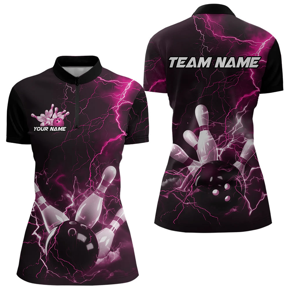 Custom Black And Pink Thunder Lightning Bowling Tournament Quarter-Zip Shirts For Women IPHW8523