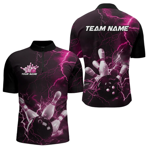 Custom Black And Pink Thunder Lightning Bowling Tournament Quarter-Zip Shirts For Men IPHW8523