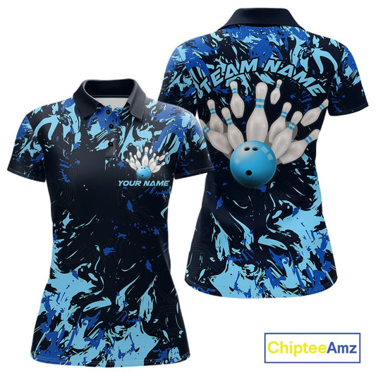 Custom Blue Camo Women Bowling League Shirt, Bowlers Jerseys Bowling Tournament Outfit IPHW10617