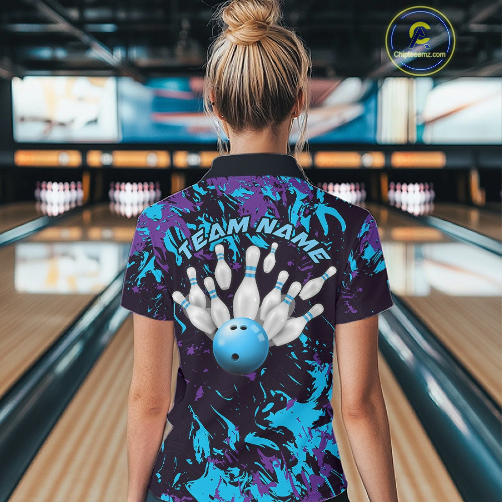Custom Blue And Purple Camo Women Bowling League Shirt, Bowlers Jerseys Tournament Outfit IPHW10618