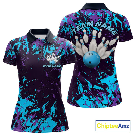 Custom Blue And Purple Camo Women Bowling League Shirt, Bowlers Jerseys Tournament Outfit IPHW10618