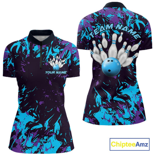 Custom Blue And Purple Camo Women Bowling League Shirt, Bowlers Jersey Tournament Outfit IPHW10618