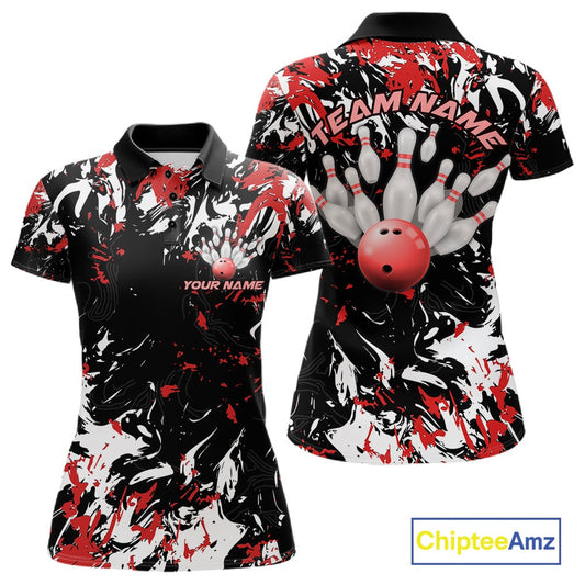 Custom Black, Red And White Camo Women Bowling League Shirt, Bowlers Jerseys Outfits IPHW10619