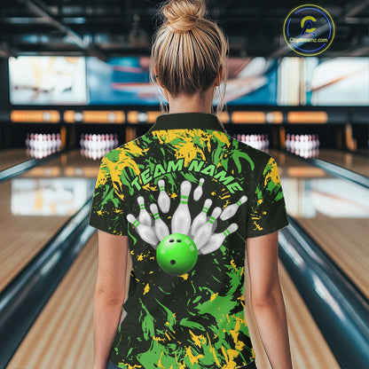 Custom Green And Yellow Camo Women Bowling League Shirt, Bowler Jersey Tournament Outfit IPHW10620
