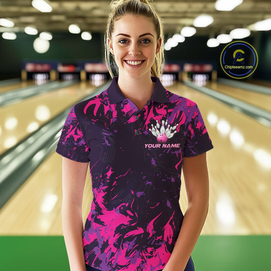 Custom Purple And Pink Camo Women Bowling League Shirt, Bowlers Jerseys Tournament Outfit IPHW10621
