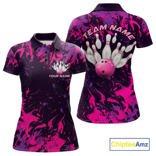 Custom Purple And Pink Camo Women Bowling League Shirt, Bowlers Jerseys Tournament Outfit IPHW10621